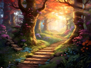 Mysterious path in the autumn forest. 3D illustration.