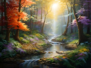 Panoramic image of a beautiful autumn forest and a mountain stream