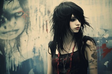 Emo girl With Black Hair Standing in Front of a Wall - obrazy, fototapety, plakaty