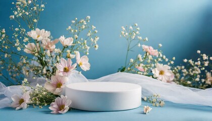 Empty round platform podium for cosmetic products advertising surrounded surreal fantasy pastel spring summer flowers and white fabric on blue background 