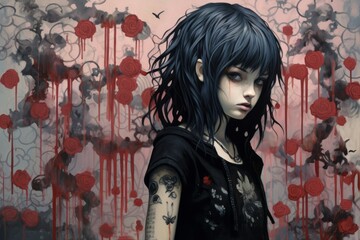 Painting of a Girl With Black Hair and Tattoos