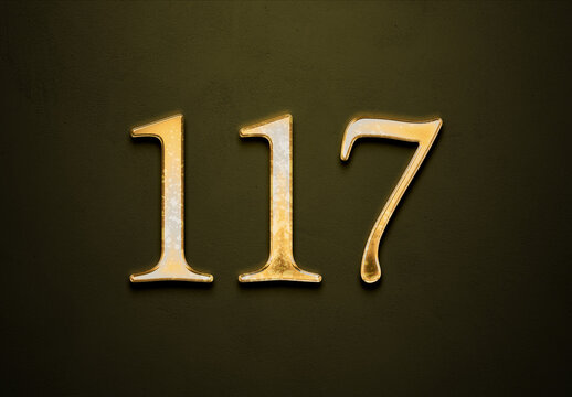 Old gold effect of 117 number with 3D glossy style Mockup.