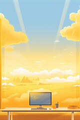 workplace bathed in warm sunlight with a computer on the desk, in the background a big window and a cityscape in the distance, digital art, flat colors, interior, sunrise