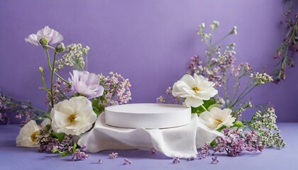 Obraz na płótnie Canvas Empty round platform podium for cosmetic products advertising surrounded surreal fantasy pastel spring summer flowers and white fabric on purple background