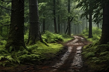 Obraz premium A Dirt Road Surrounded by Forest