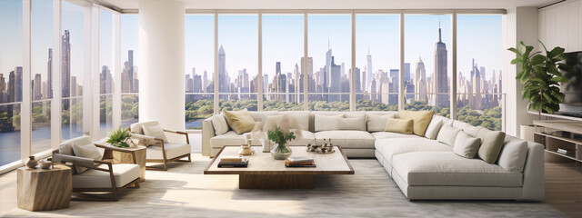 Modern living room interior with large windows, white walls and furniture, and a view of the city
