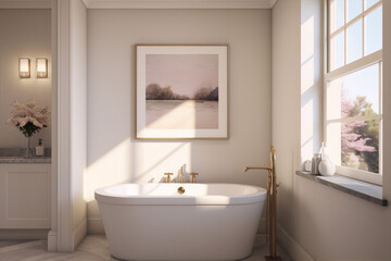 Fototapeta na wymiar Bathroom interior with a large bathtub, a painting, and a window