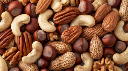 Assorted nuts arranged naturally, top view creating a textured background of various nut varieties - obrazy, fototapety, plakaty