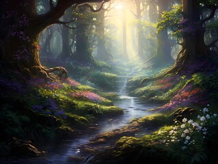 Mysterious forest with stream and spring flowers. Digital painting.