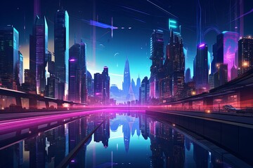 Futuristic City at Night With Reflection in Water - obrazy, fototapety, plakaty