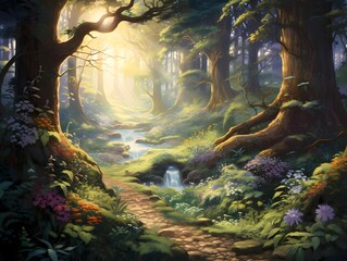 Digital painting of a path in a fantasy forest with trees and flowers