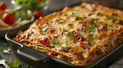 A casserole dish filled with a hearty combination of meat, cheese, and vegetables, ready to be served and enjoyed.