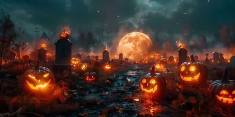 Spooky Halloween scene with jack. Concept Halloween Photoshoot, Spooky Decor, Jack-o-Lantern Props, Fall Festivities, Costume Party - obrazy, fototapety, plakaty