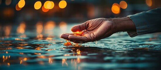 Hand of a man holding a small candle in a water fountain. - obrazy, fototapety, plakaty