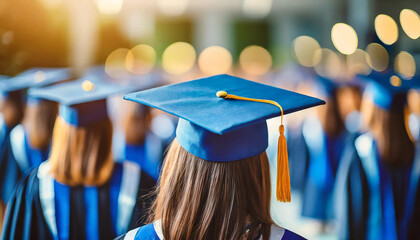 girl in blue and silver graduation cap, blonde and brunette high school gowns, symbolizing academic achievement and diversity