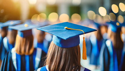 girl in blue and silver graduation cap, blonde and brunette high school gowns, symbolizing academic achievement and diversity - Powered by Adobe