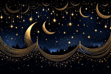 A Painting of a Night Sky With Stars and Crescents