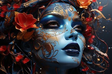 Woman With Blue Face Paint and Flowers in Her Hair