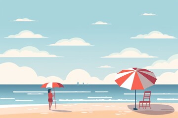 Fototapeta na wymiar Woman Standing on Top of Sandy Beach Under Umbrella