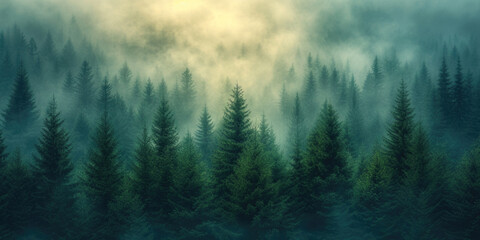 Morning aerial view of a misty fir forest with glowing sun light in a vintage style, capturing a foggy, retro nature landscape at sunrise. A scenic, dreamy dawn background - obrazy, fototapety, plakaty