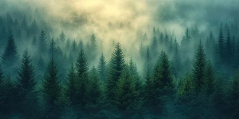 Foto op Canvas Morning aerial view of a misty fir forest with glowing sun light in a vintage style, capturing a foggy, retro nature landscape at sunrise. A scenic, dreamy dawn background © Patrycja