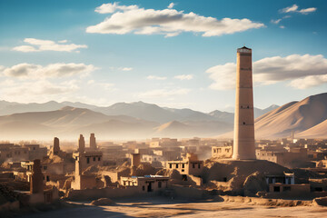 The Majesty of Ghaznavid Minaret Amidst the Time-Weathered Landscape of Ghazni - obrazy, fototapety, plakaty