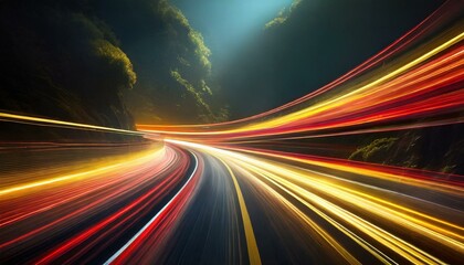 Road light. Curve streak trail line. Fast speed car. Long yellow and red way effect. Glowing street...