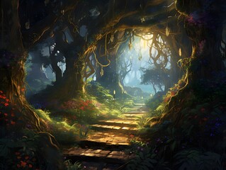 Mystical dark forest with a path leading through it, 3D illustration