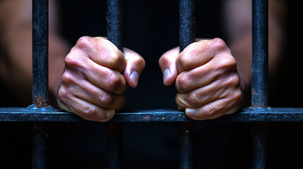 Closeup of two hands holding the bar inside a prison