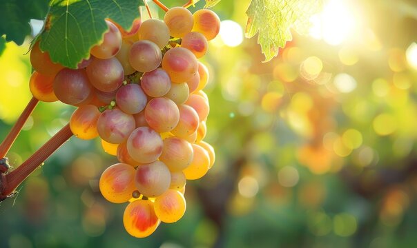 A cluster of ripe juicy grapes hanging from a vine
