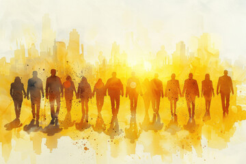 Yellow watercolor of business people walking on their way from work