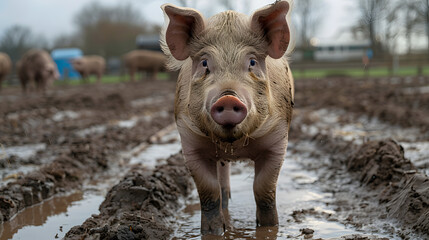 A contented pig, with muddy patches in a pen as the background, during feeding time
