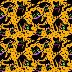 Watercolor spots animals seamless Halloween cats pattern for wrapping paper and fabrics and kids print and party