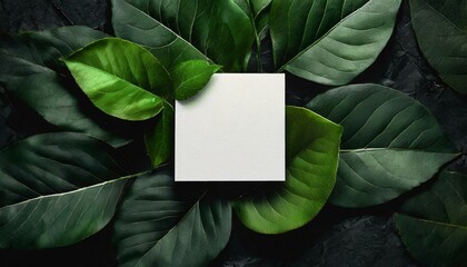 Creative layout composition frame of juicy green leaves with beautiful texture with paper card note, macro. Flat lay. Nature concept, copy space