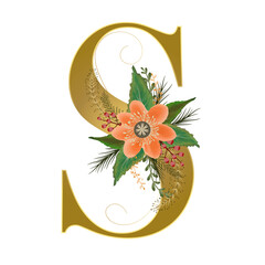 Alphabet letter S vector with flowers and leaves. Ornament letters watercolor. Illustration letter...