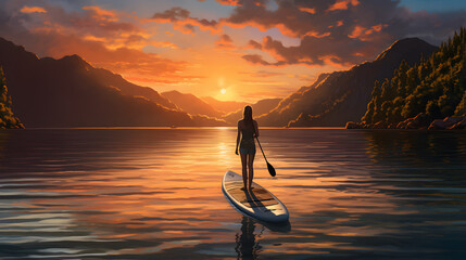 a woman standing on a paddle board as the sun goes down on lake ivanovo