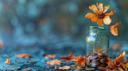 A lone wilted flower in a vase full of coins - obrazy, fototapety, plakaty