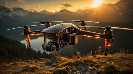 Drone flying in the mountains at sunset.