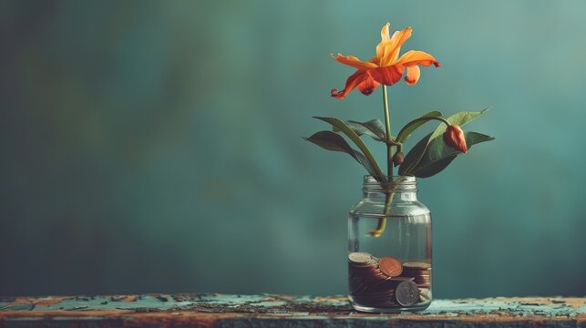 A lone wilted flower in a vase full of coins