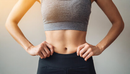 Woman's hand holds taut stomach skin, signifying fat loss and fitness journey on clean background