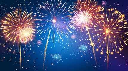 Fototapeta premium Abstract colored festive firework background in the night sky. Firecrackers and sparks isolated on blue background.