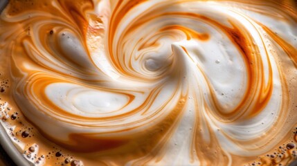Extreme closeup of coffee latte foam texture crema with lava, latte art swirls, - obrazy, fototapety, plakaty