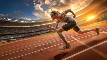 Determined Athlete Sprinting on the Track at Sunset. Generative ai