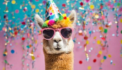 Happy Birthday, carnival, New Year's eve, sylvester or other festive celebration, funny animals card banner - Alpaca with party hat and sunglasses on pink background with confetti.