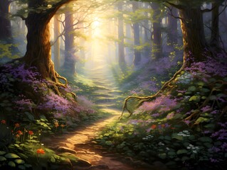 Beautiful fantasy forest landscape with a path in the middle of the forest