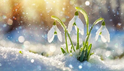 Spring awakening in the morning - White fresh snowdrops flower ( Galanthus ) in snow landscape 
