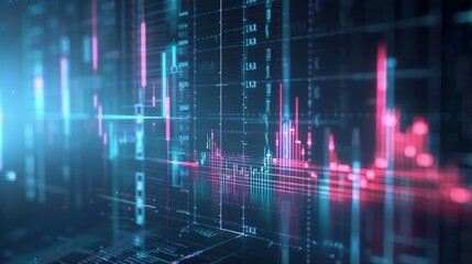 Fototapeta premium Closeup of a candlestick stock chart displaying the fluctuation of financial assets, investing and market analysis,