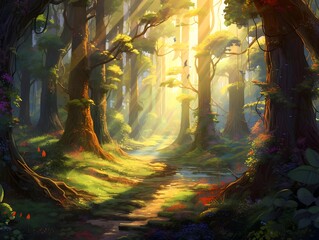 Digital painting of a path in a forest with sunbeams passing through