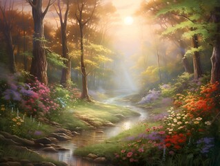 Beautiful spring landscape with a stream in the forest. Digital painting
