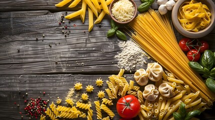 Assorted italian pasta raw uncooked and ingredients on wooden rustic background - obrazy, fototapety, plakaty